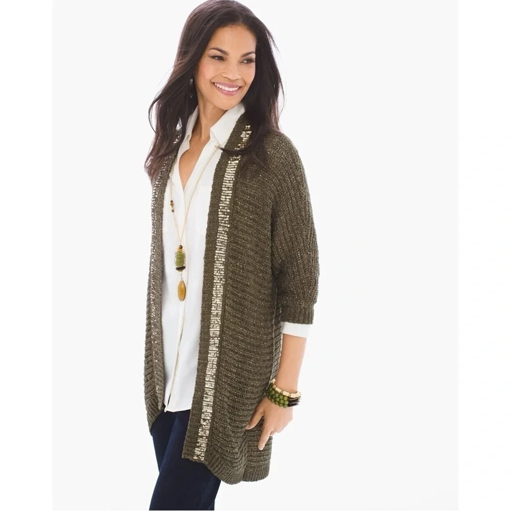 NWT New $109 Chico's Knit Sequin Trim Cardigan Size 1 US M